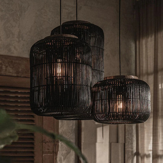 Handwoven Wabi-Sabi Rattan Pendant Light - black