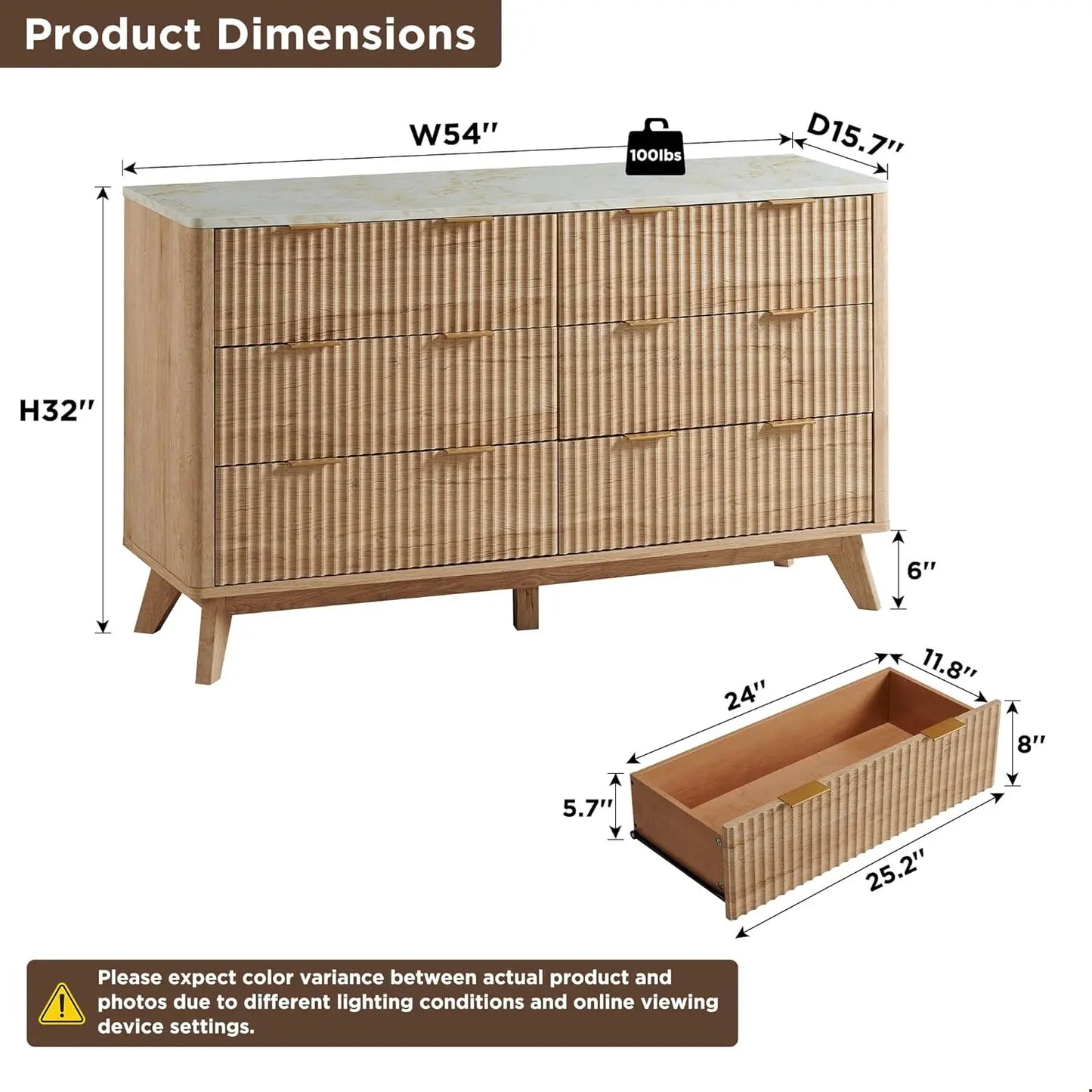 Modern Fluted 6-Drawer Dresser- dimensions