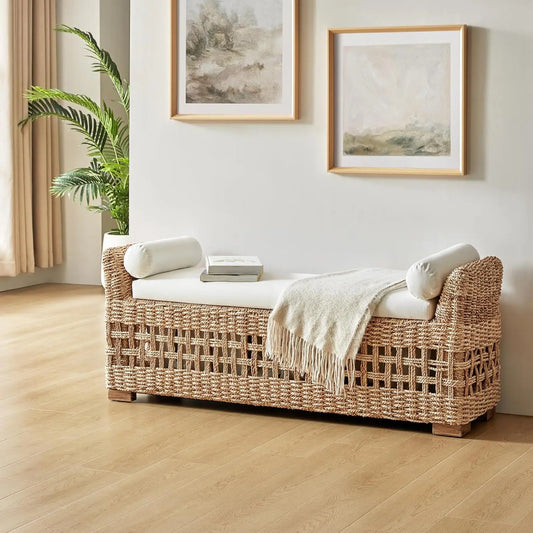 Coastal Boho Rattan Storage Bench - entryway