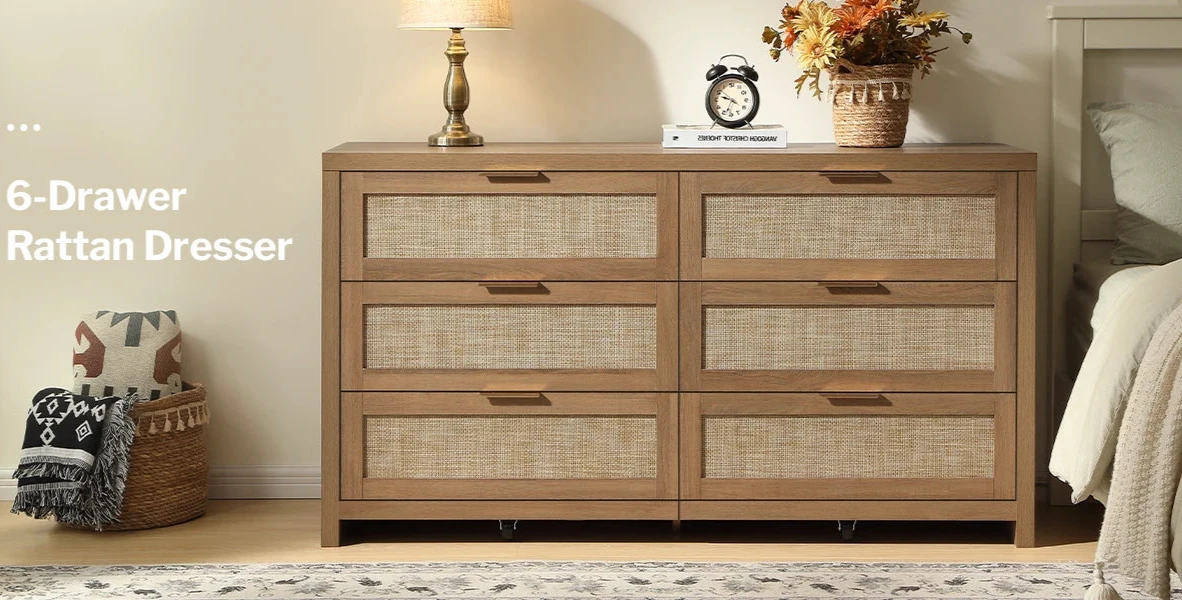 Boho Rattan 6-Drawer Dresser
