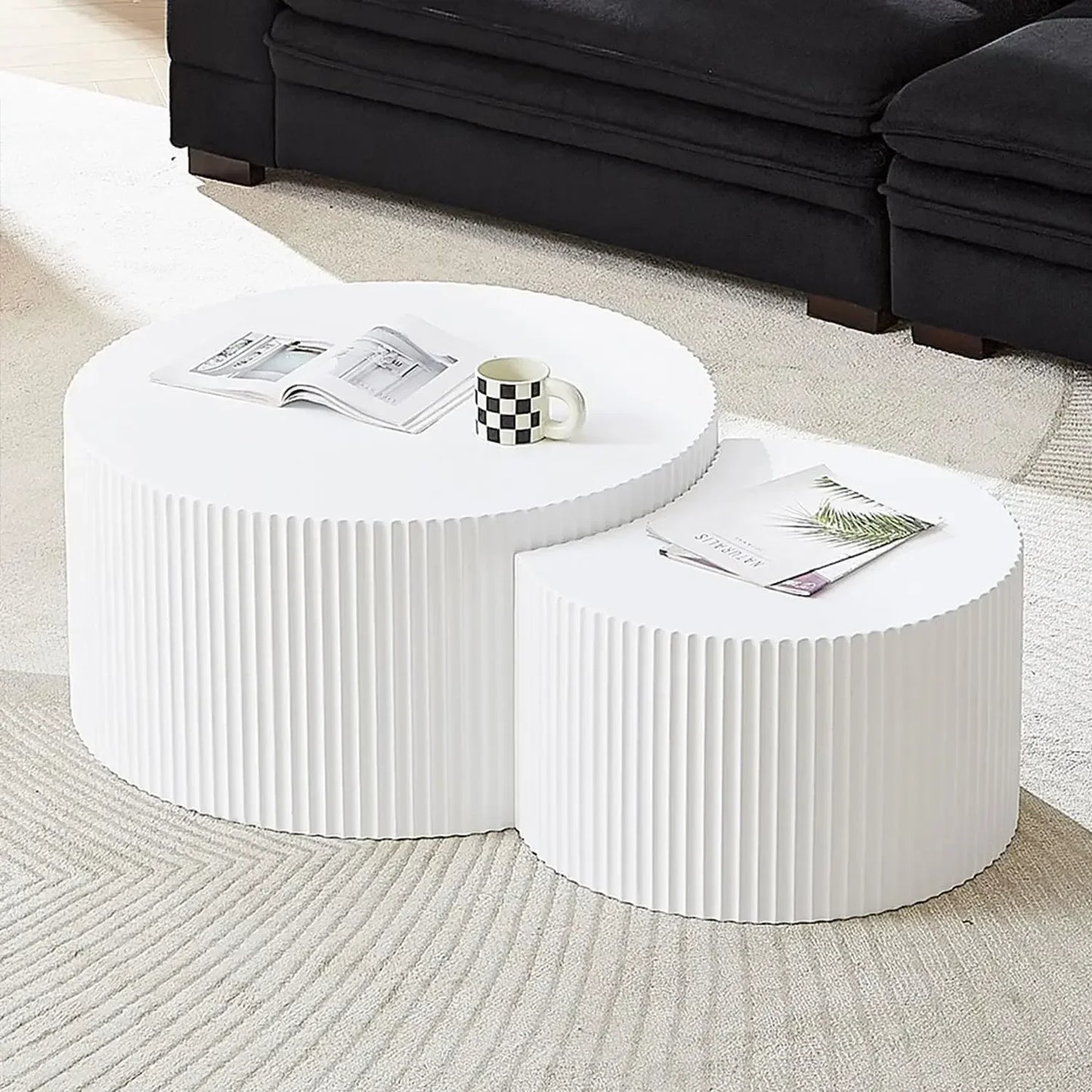 Modern Round Nesting Coffee Table Set – Fluted Wood Tables (Set of 2)
