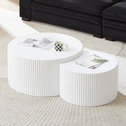 Modern Round Nesting Coffee Table Set – Fluted Wood Tables (Set of 2)