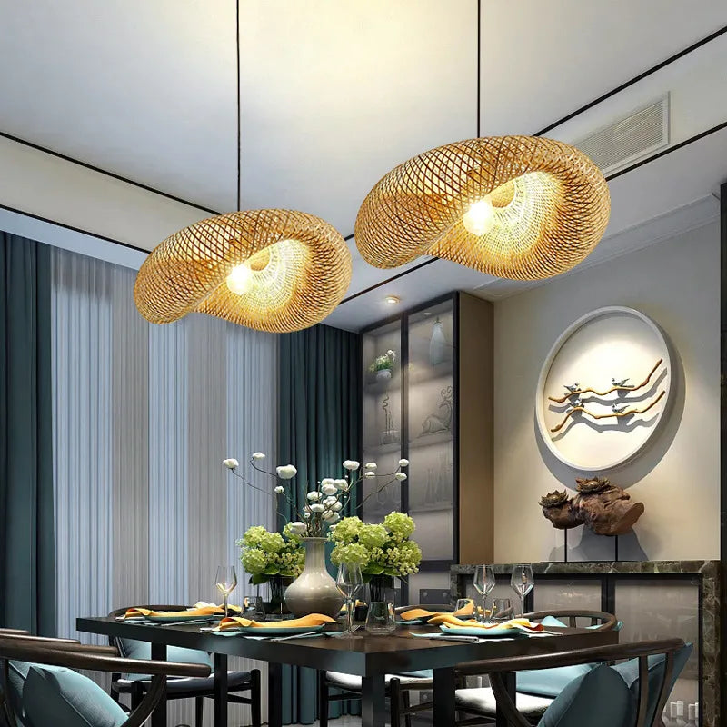 Handwoven Bamboo Pendant Light - dining room
