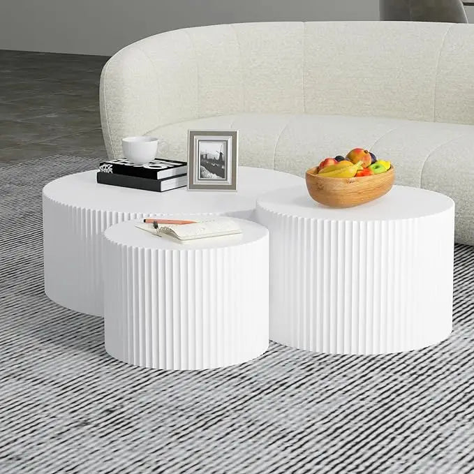 Modern Black Fluted Nesting Coffee Table Set - three white