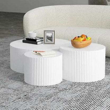 Modern Black Fluted Nesting Coffee Table Set - three white