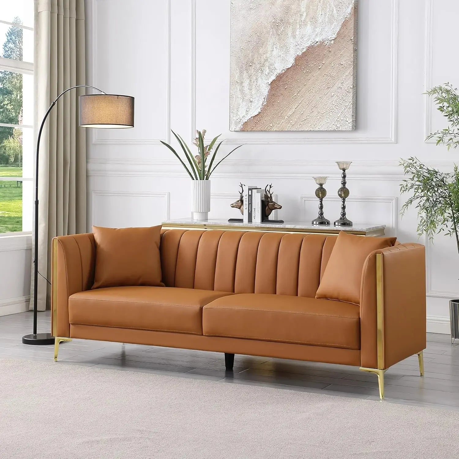 6.5' Modern Faux Leather Sofa - brown side view