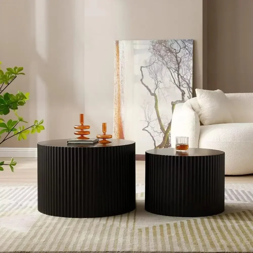 Modern Black Fluted Nesting Coffee Table Set - Black