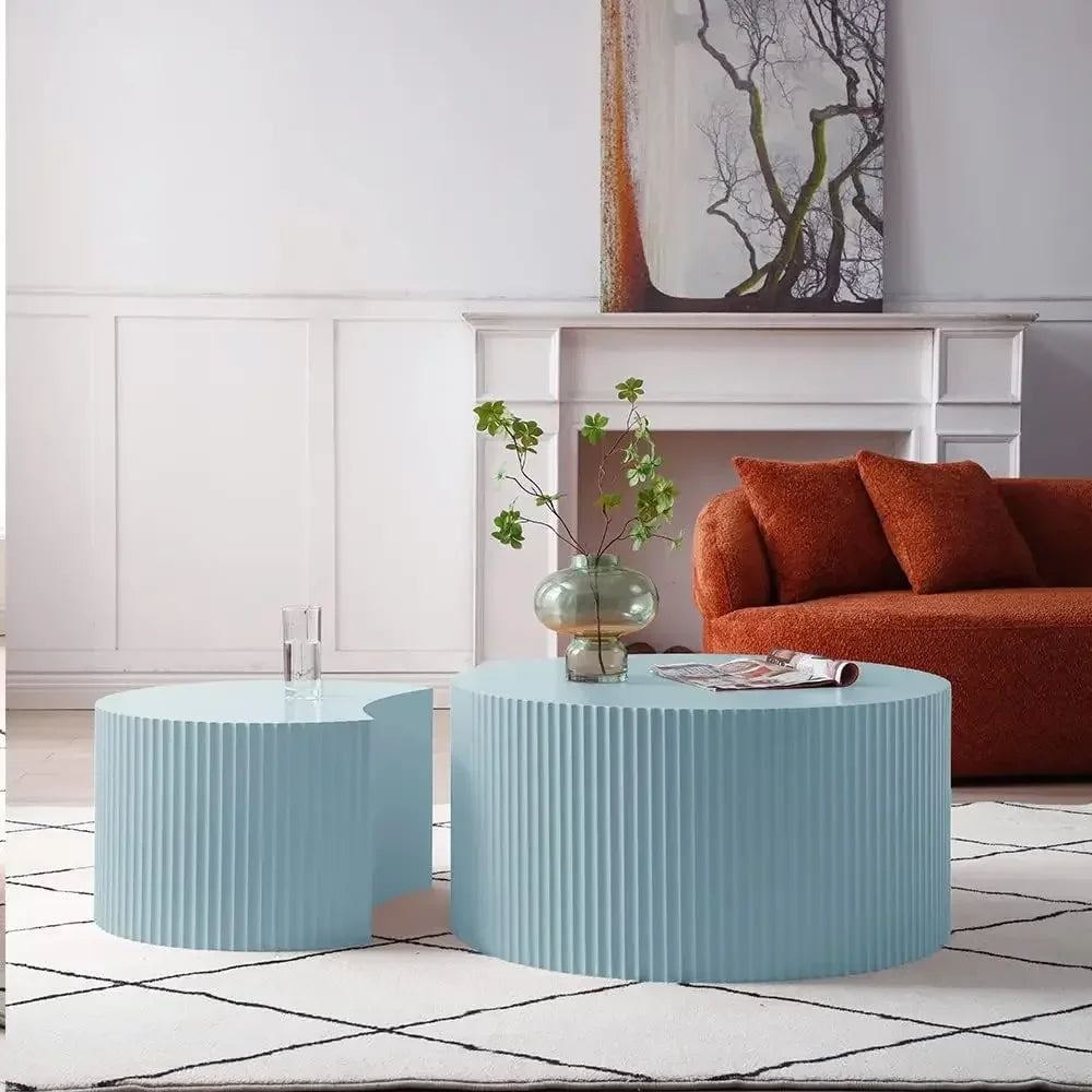 Modern Round Nesting Coffee Table Set – Fluted Wood Tables (Set of 2)
