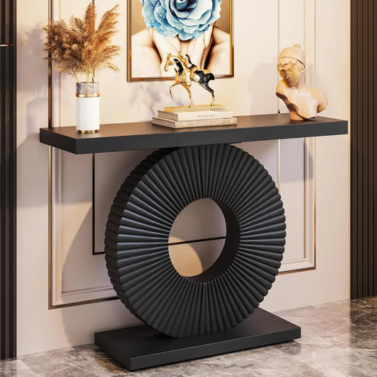 Modern Geometric Console Table – 40” Black Wood Entryway & Sofa Table