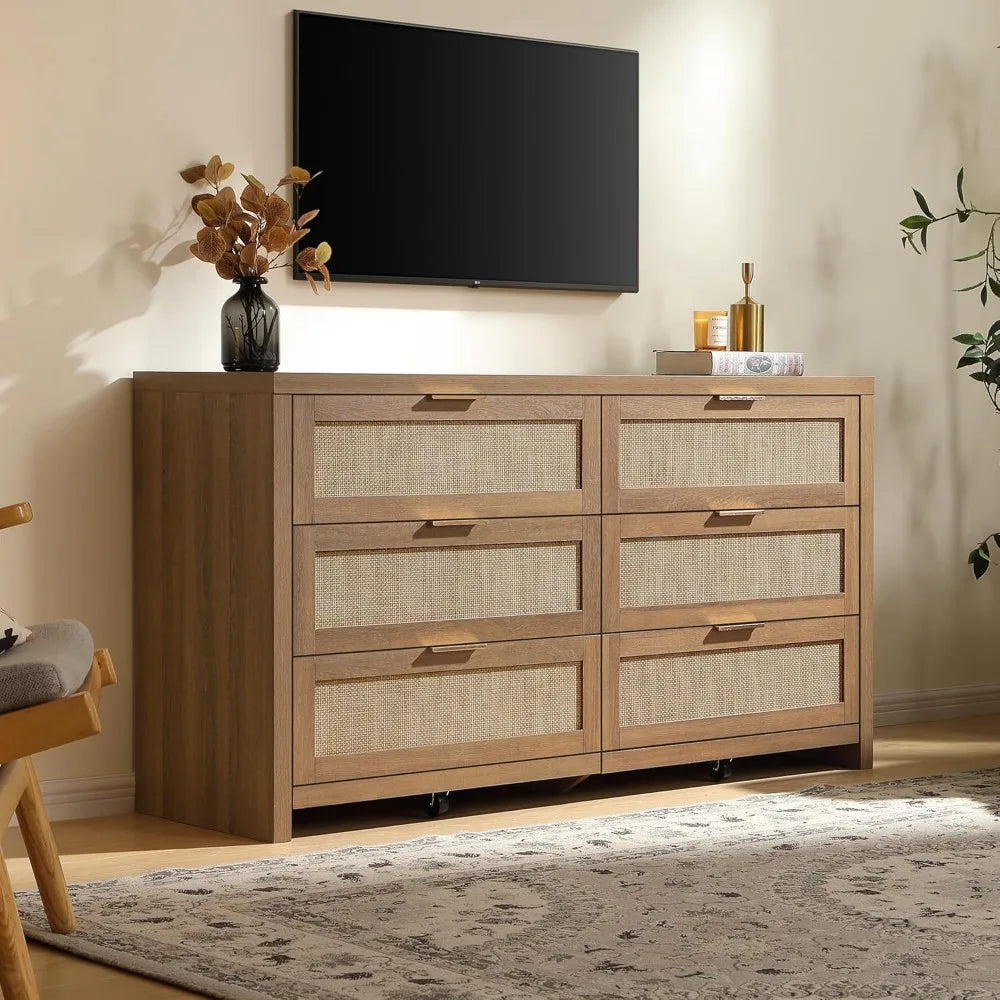 Boho Rattan 6-Drawer Dresser - in bedroom