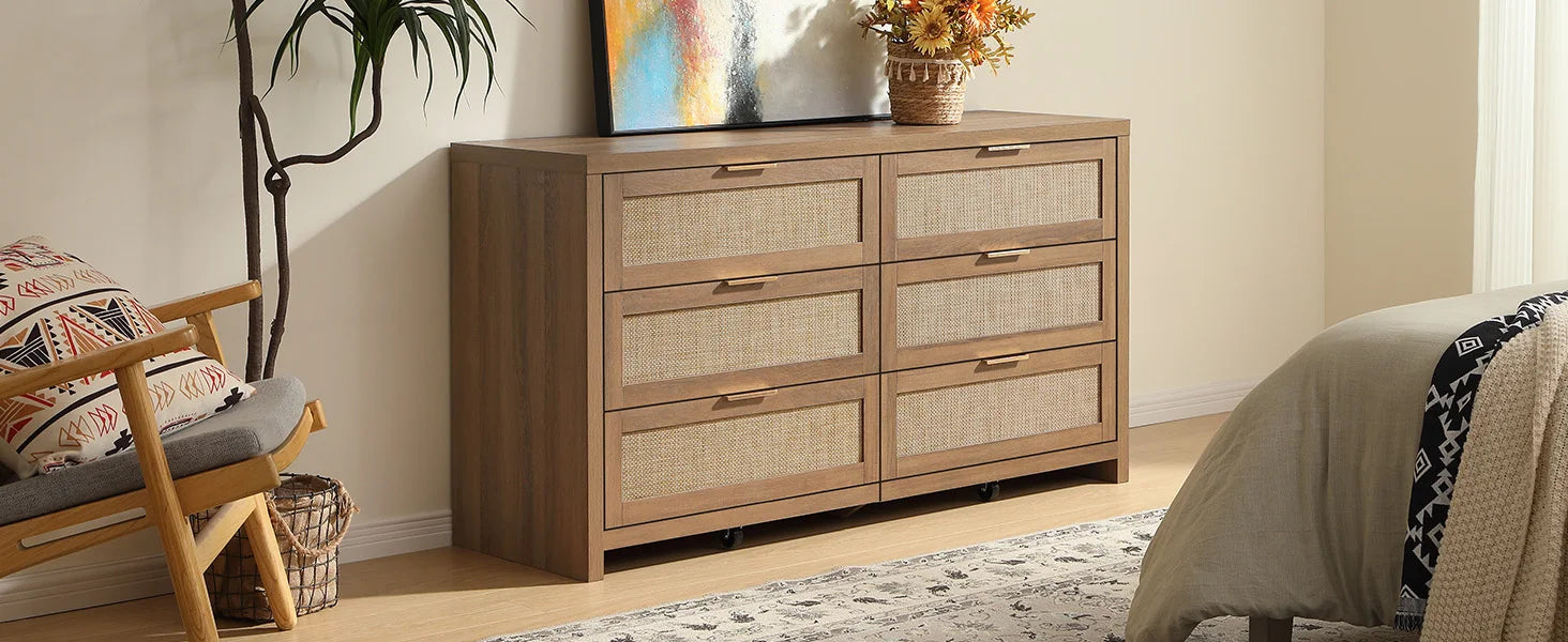 Boho Rattan 6-Drawer Dresser- bedroom