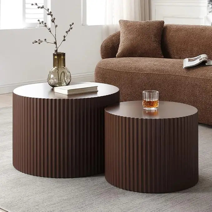 Modern Black Fluted Nesting Coffee Table Set - Brown