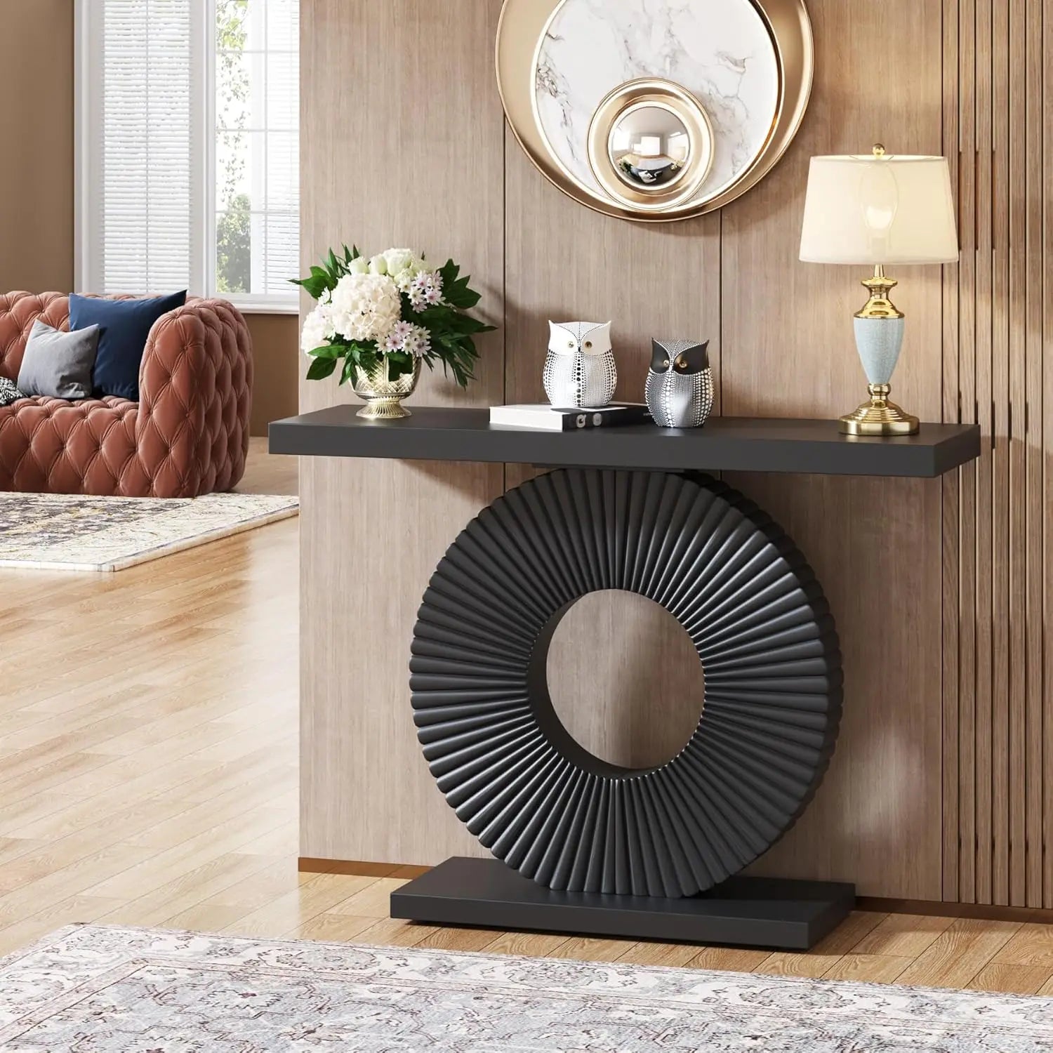 Modern Geometric Console Table – 40” Black Wood Entryway & Sofa Table - entryway