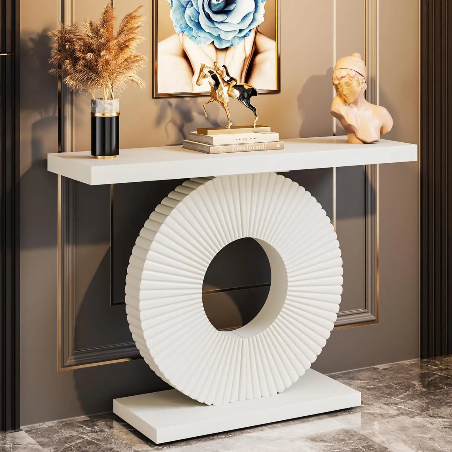 Modern Geometric Console Table – 40” Black Wood Entryway & Sofa Table - white
