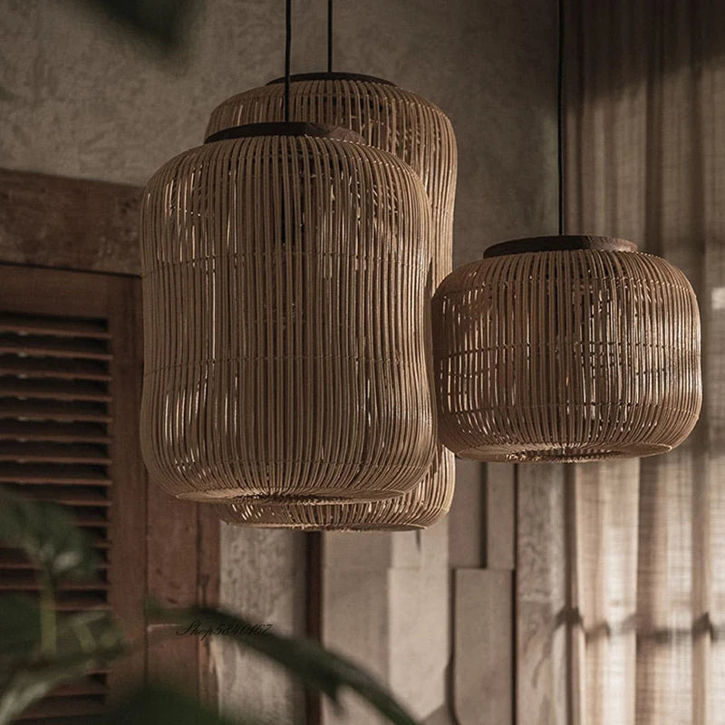 Handwoven Wabi-Sabi Rattan Pendant Light - turned off