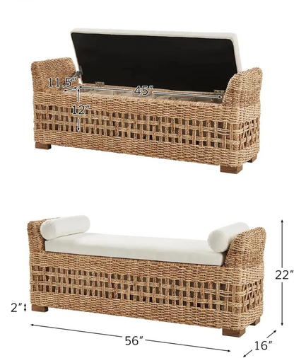 Coastal Boho Rattan Storage Bench - dimensions