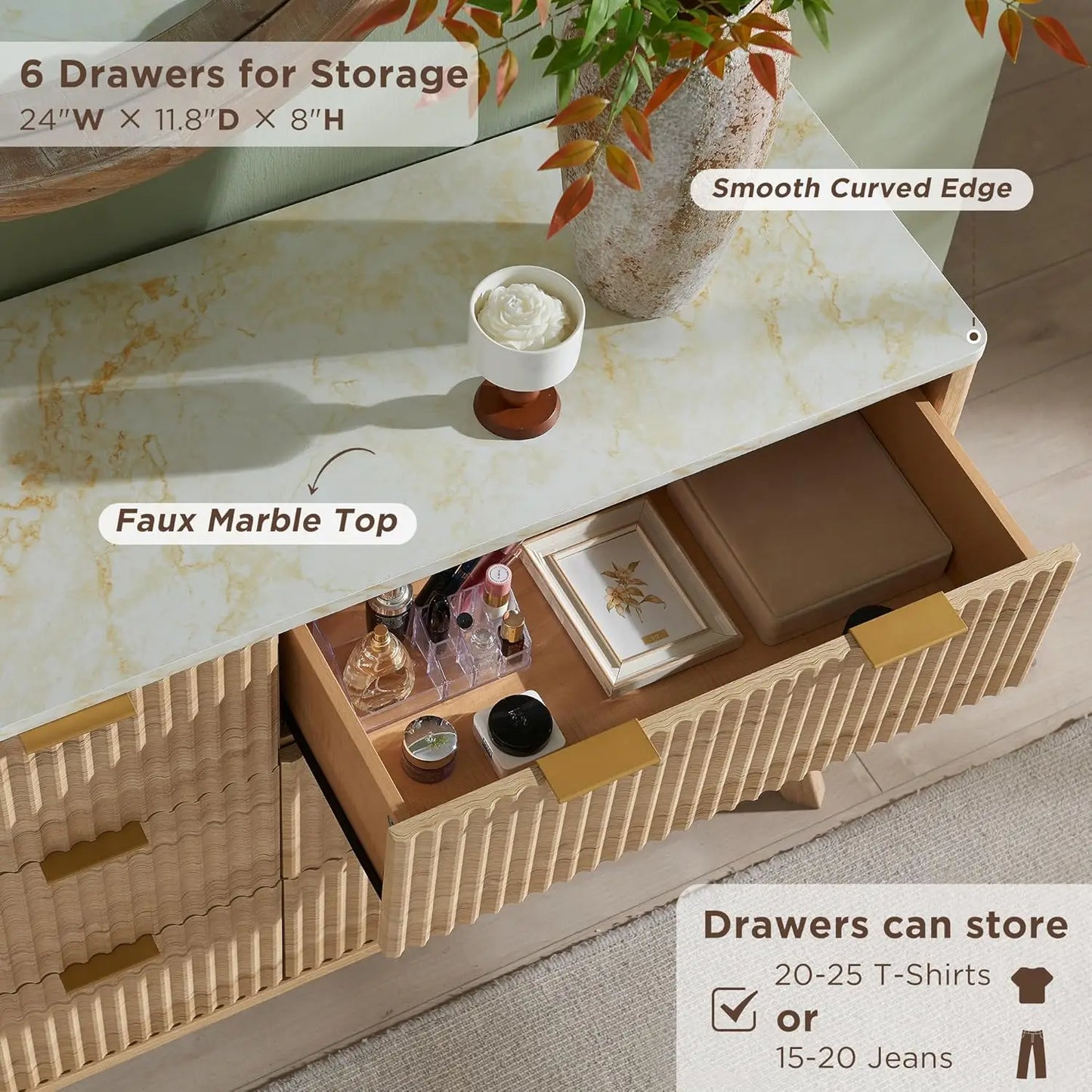 Modern Fluted 6-Drawer Dresser - top view