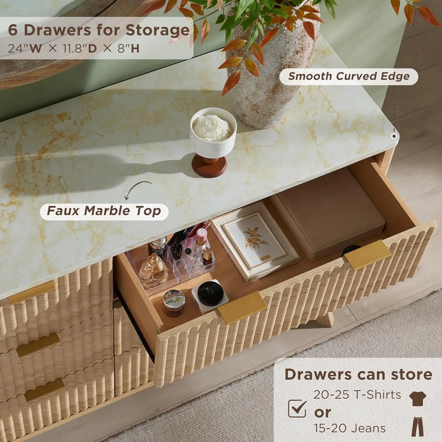 Modern Fluted 6-Drawer Dresser - top view