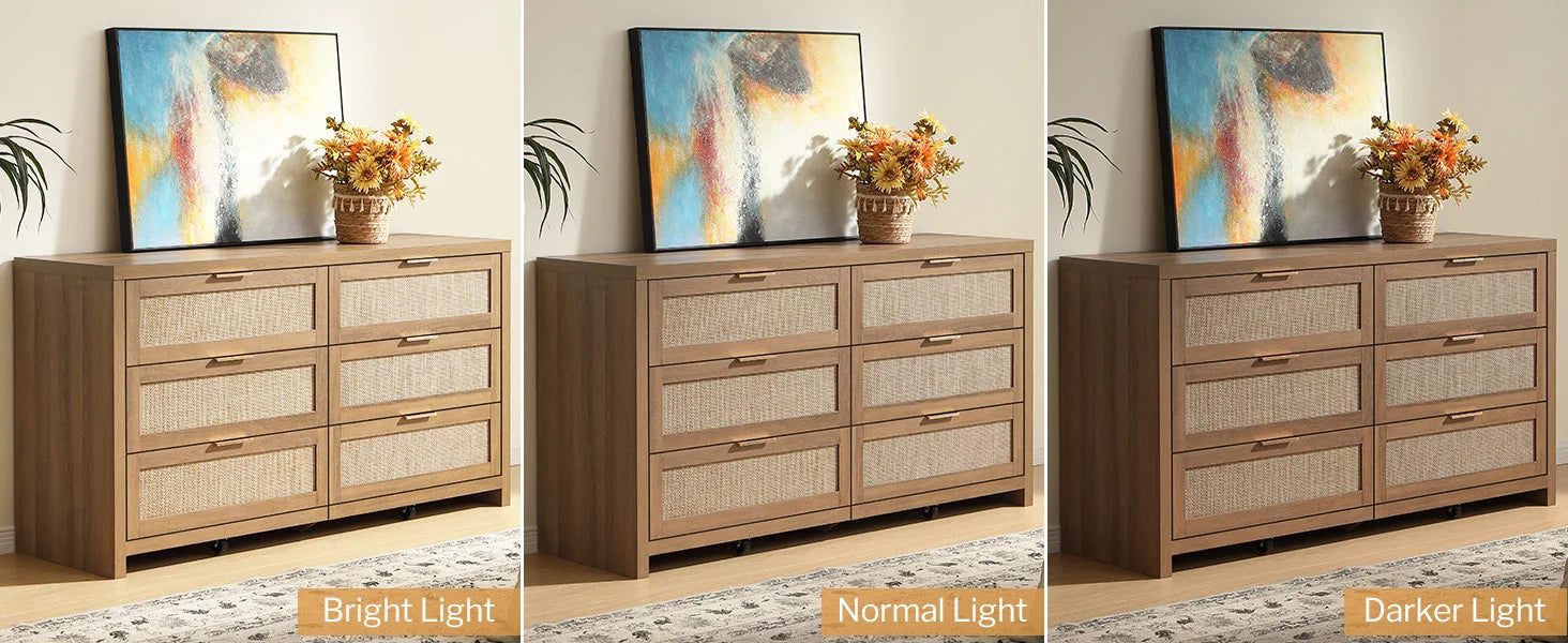 Boho Rattan 6-Drawer Dresser - lighting affects