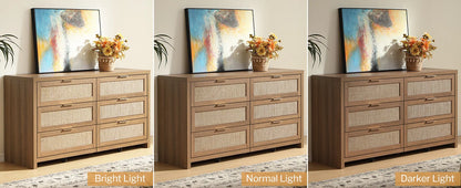 Boho Rattan 6-Drawer Dresser - lighting affects