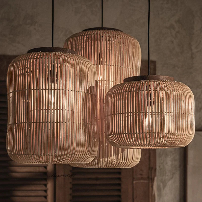 Handwoven Wabi-Sabi Rattan Pendant Light -  turned on