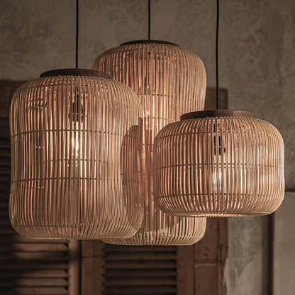 Handwoven Wabi-Sabi Rattan Pendant Light -  turned on