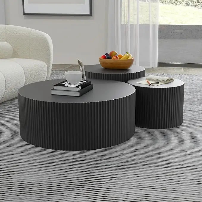 Modern Black Fluted Nesting Coffee Table Set - three