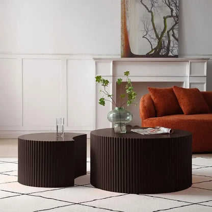 Modern Round Nesting Coffee Table Set – Fluted Wood Tables (Set of 2)