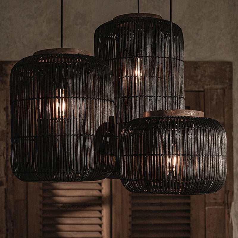 Handwoven Wabi-Sabi Rattan Pendant Light - black turned on