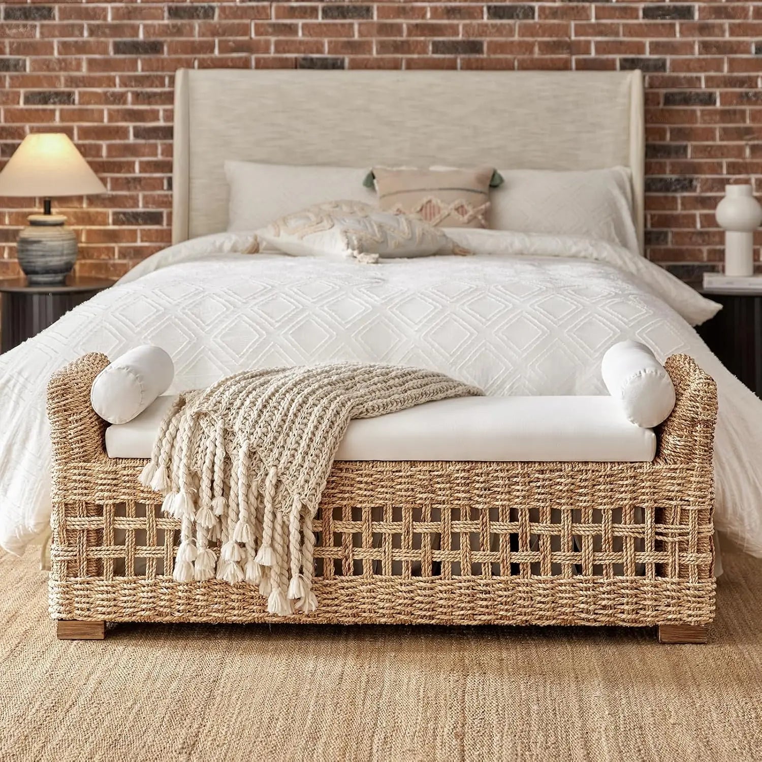 Coastal Boho Rattan Storage Bench