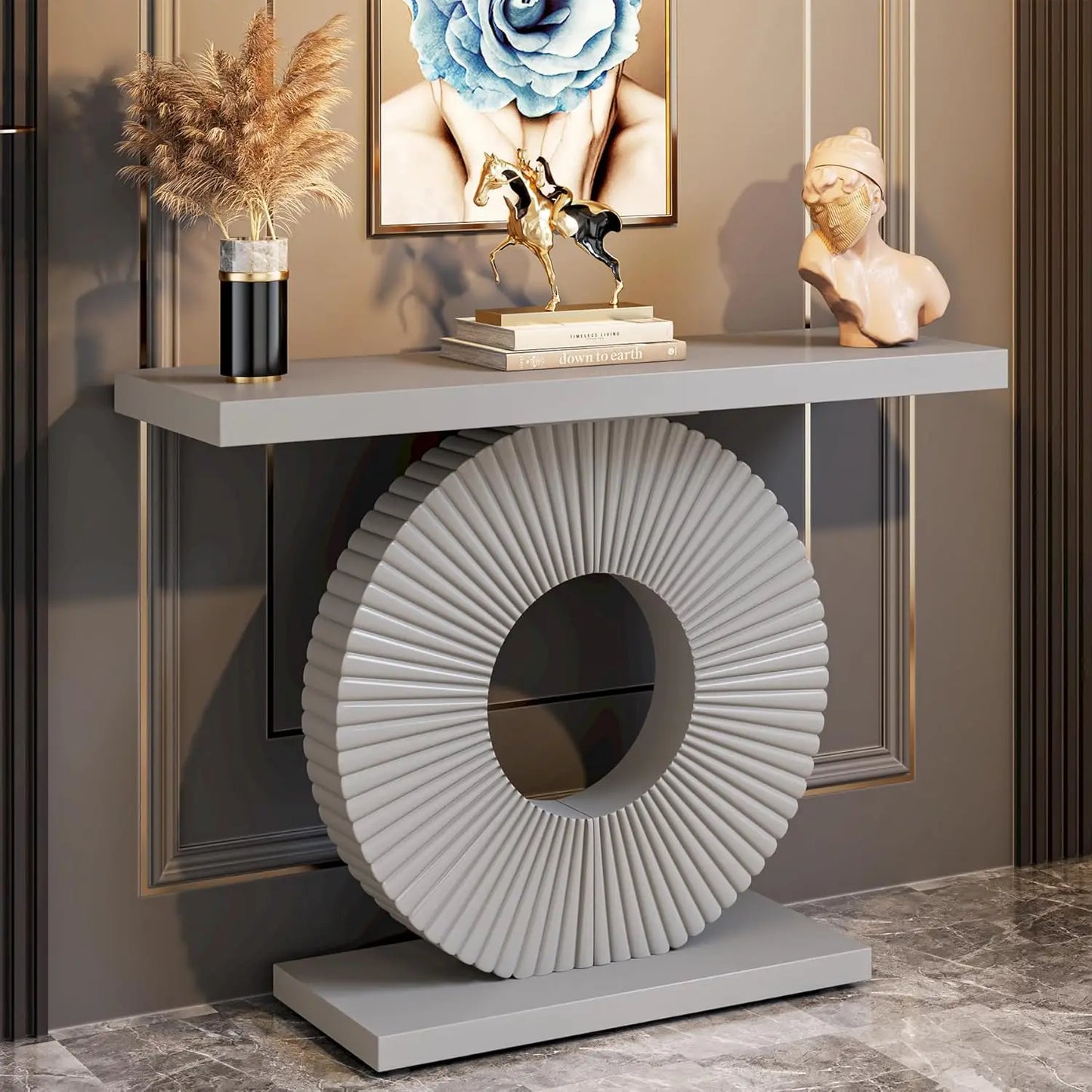 Modern Geometric Console Table – 40” Black Wood Entryway & Sofa Table - grey